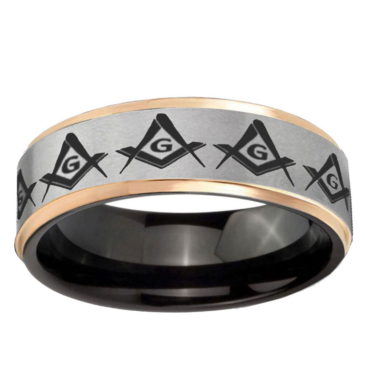 Masonic Square Compass Rose Gold Step Edge Gray Tungsten Band