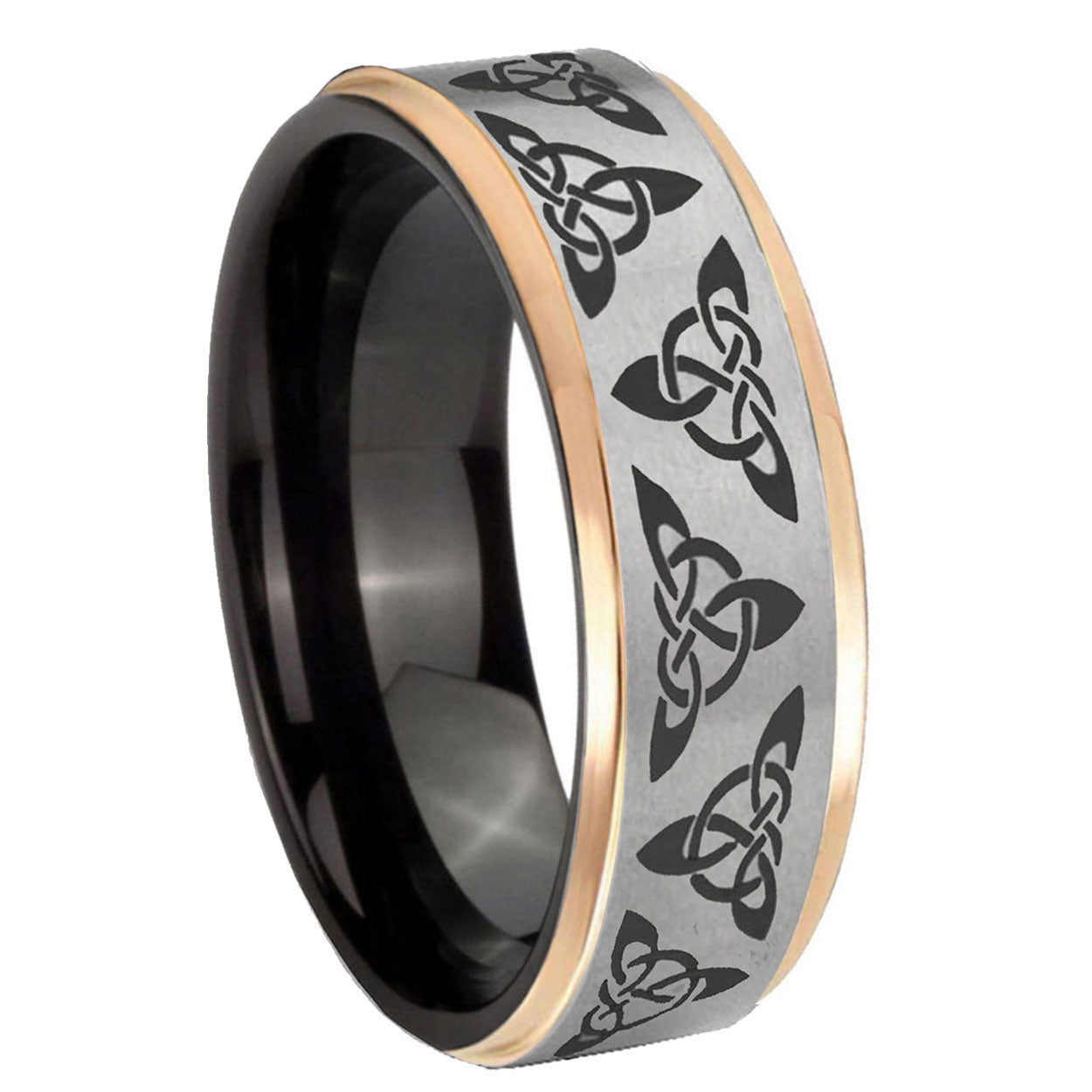 8mm Celtic Knot Rose Gold Step Edge Gray Tungsten Promised Ring