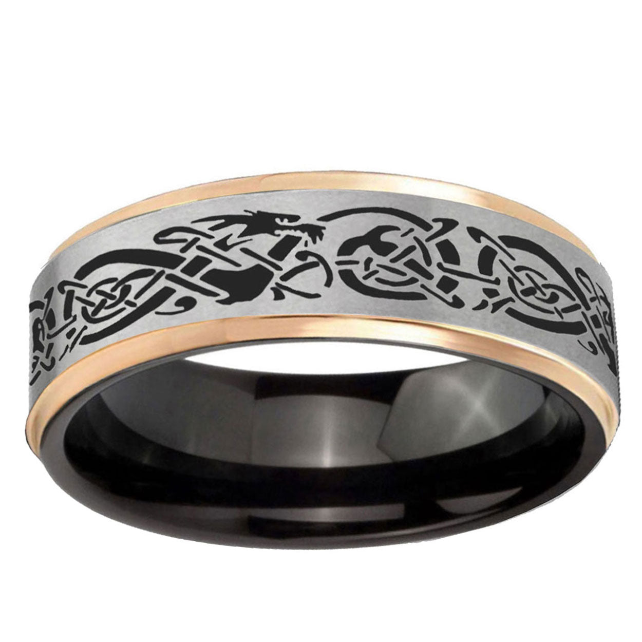 Celtic Dragon Rose Gold Step Edge Gray Tungsten Mens Ring