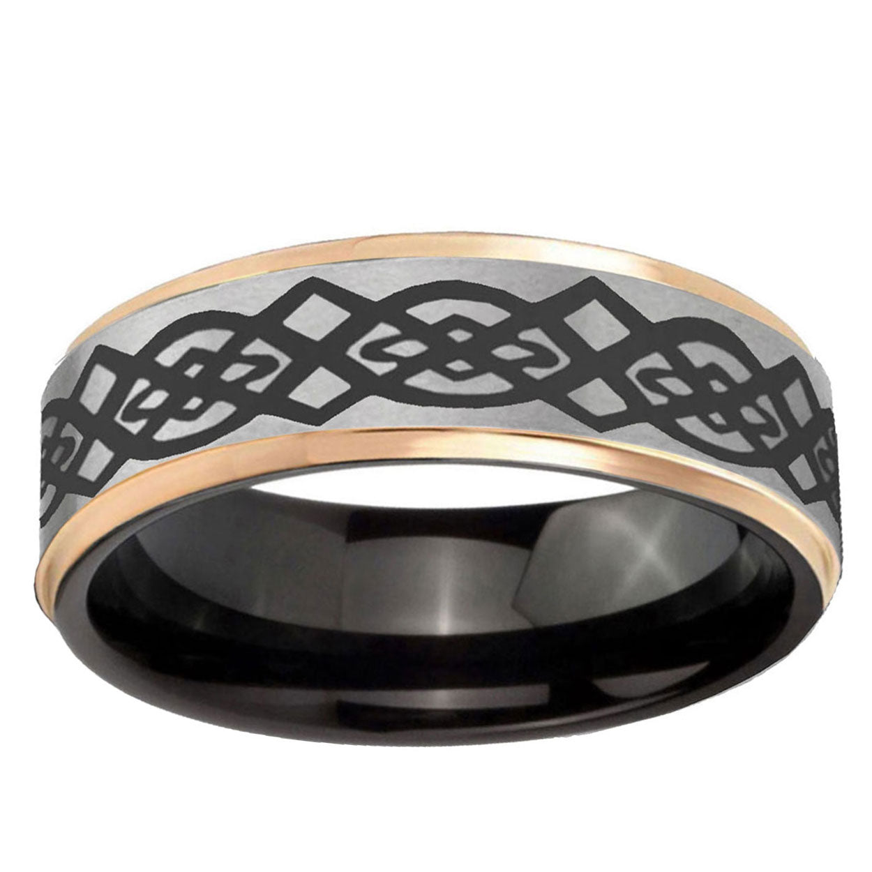 Celtic Knot Rose Gold Step Edge Gray Tungsten Wedding Band
