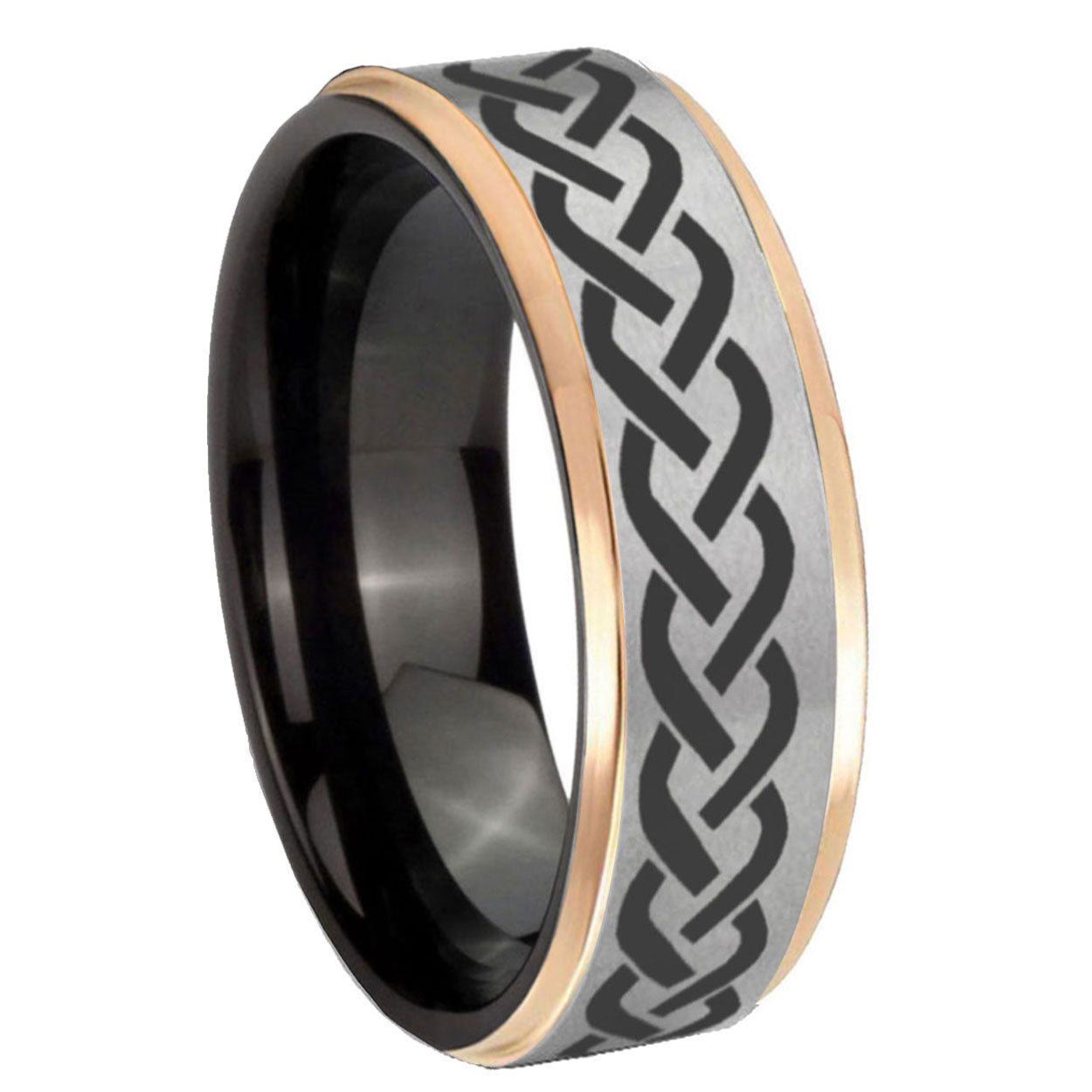 8mm Laser Celtic Knot Rose Gold Step Edge Gray Tungsten Band