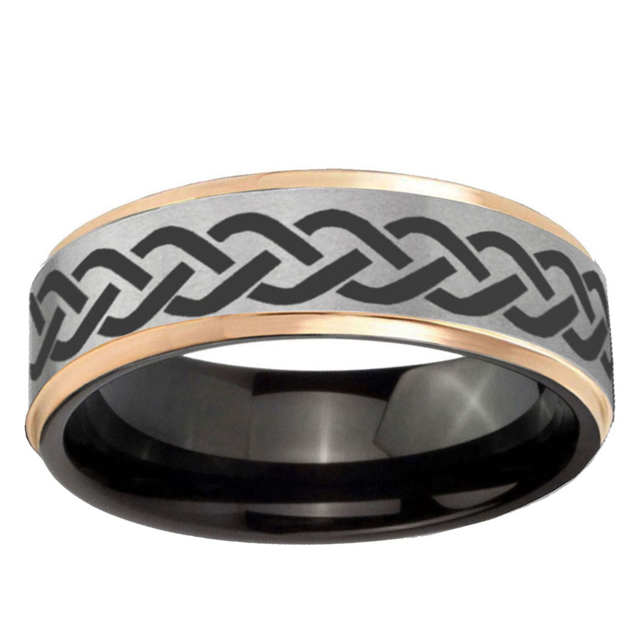 Laser Celtic Knot Rose Gold Step Edge Gray Tungsten Band