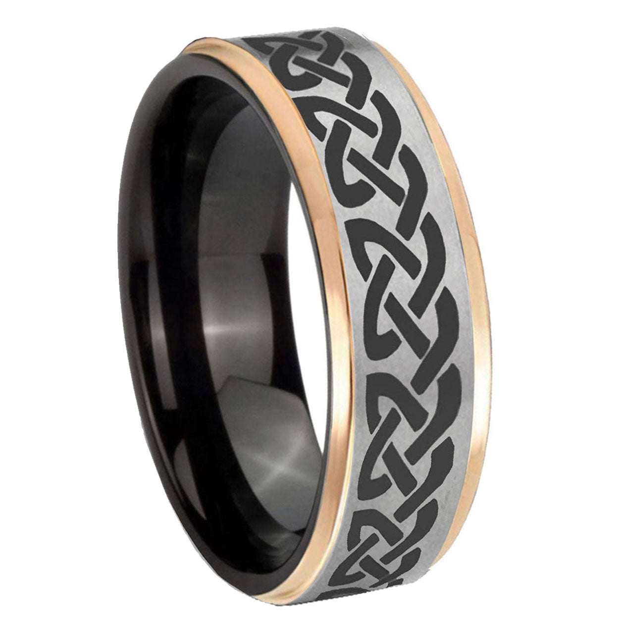8mm Celtic Knot Love Rose Gold Step Edge Gray Tungsten Ring