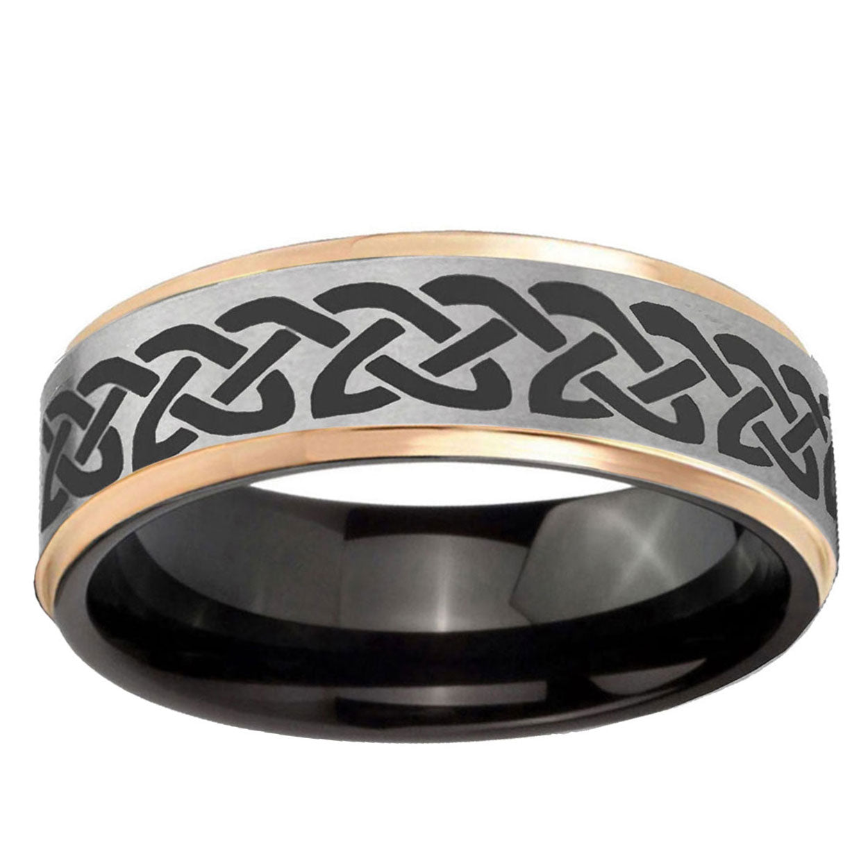 Celtic Knot Love Rose Gold Step Edge Gray Tungsten Ring