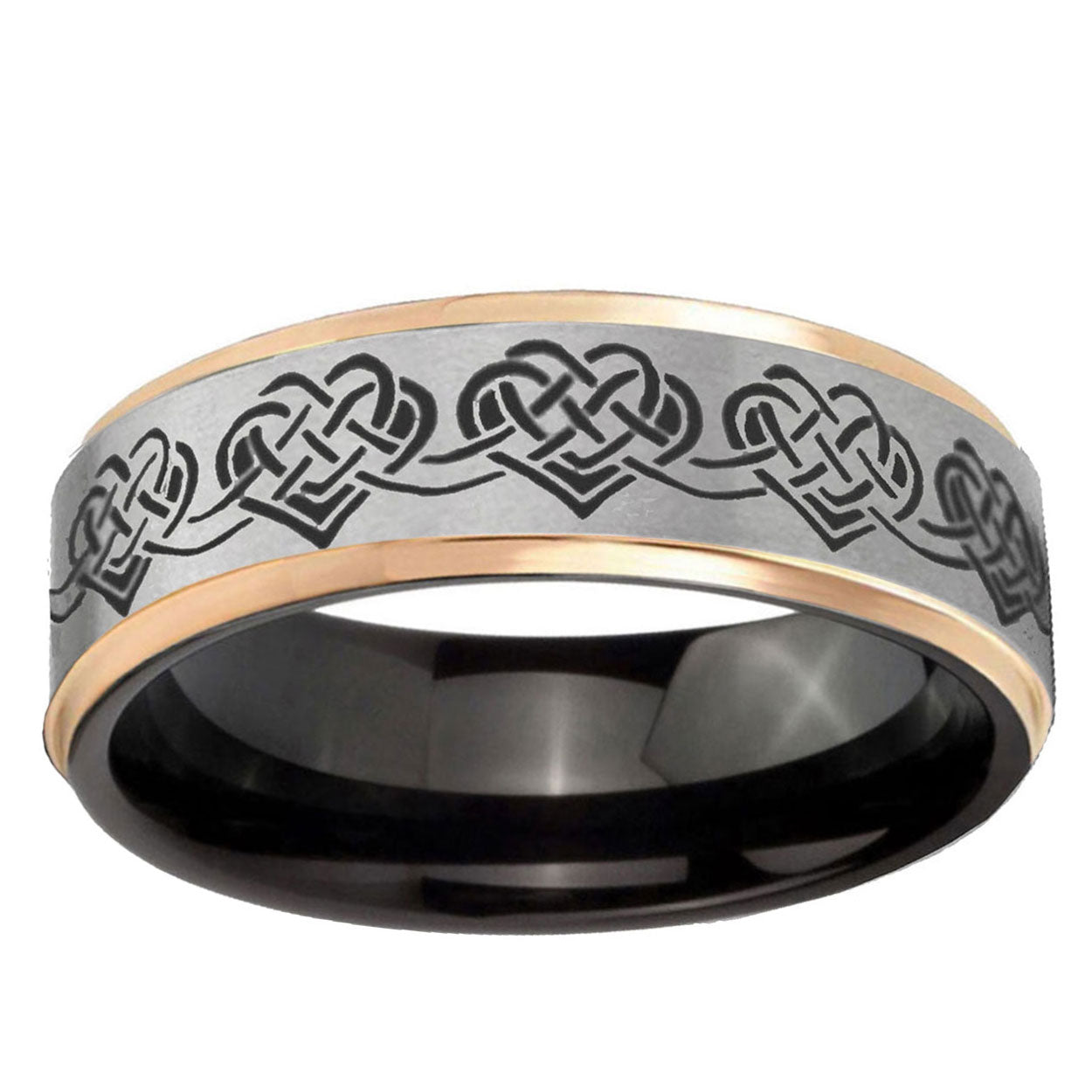 Celtic Knot Heart Rose Gold Step Edge Gray Tungsten Ring