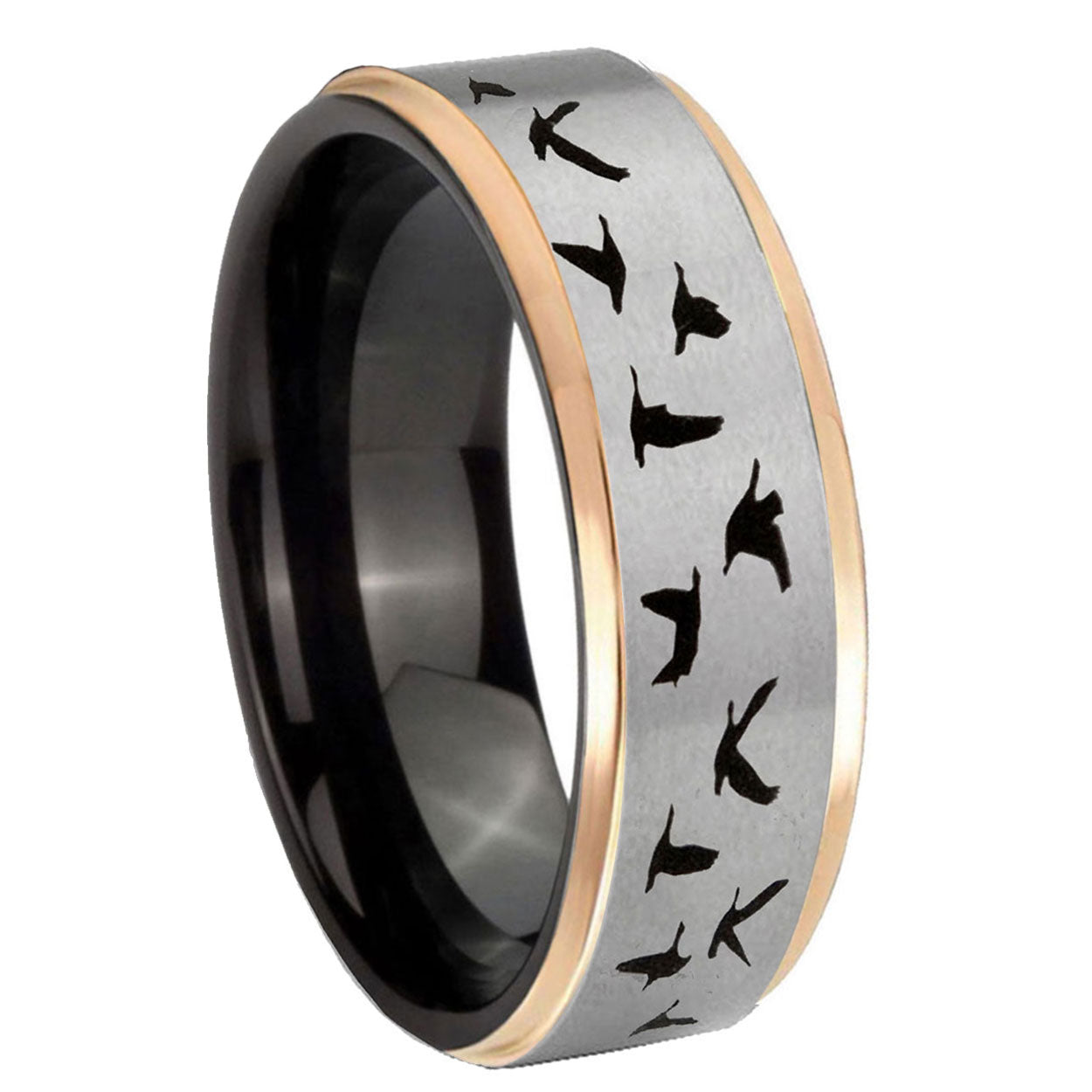 8mm Flying Geese Hunting Rose Gold Step Edge Gray Tungsten Ring
