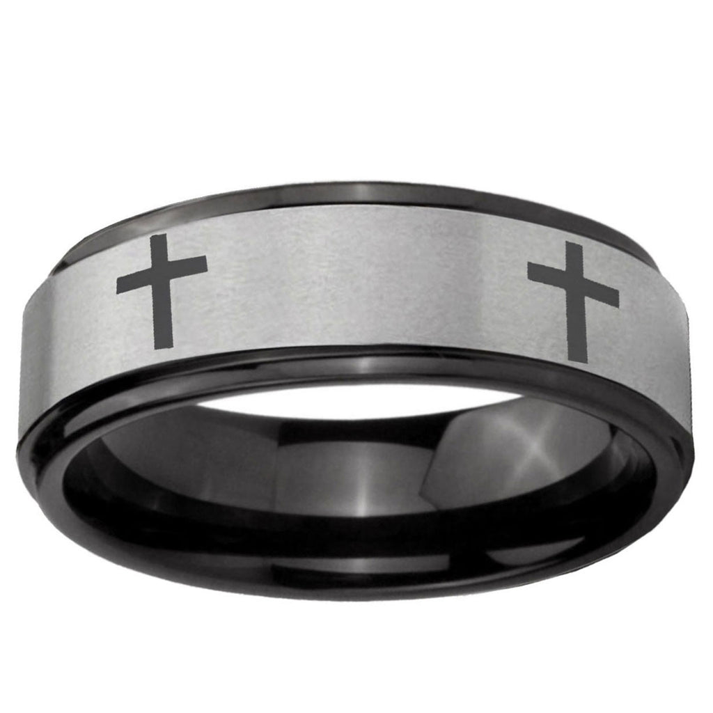 6mm Crosses Black Step Edge Gray Tungsten Custom Men's Ring