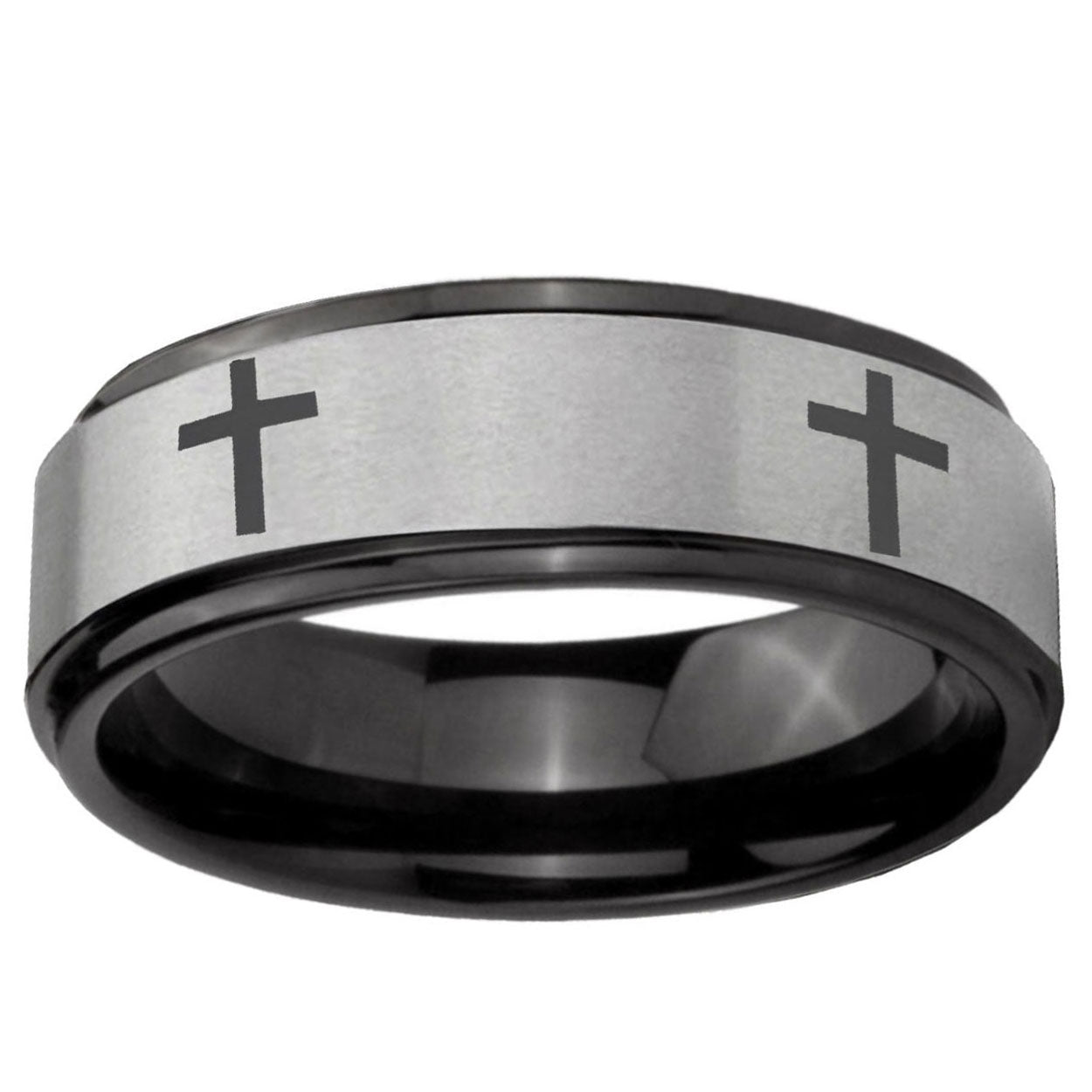 6mm Crosses Black Step Edge Gray Tungsten Custom Men's Ring