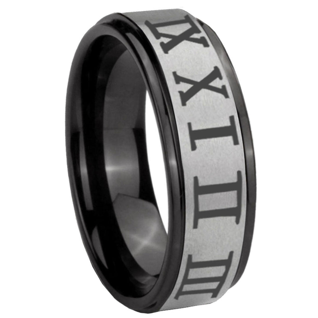 8mm Roman Numeral Black Step Edge Gray Tungsten Ring for Men