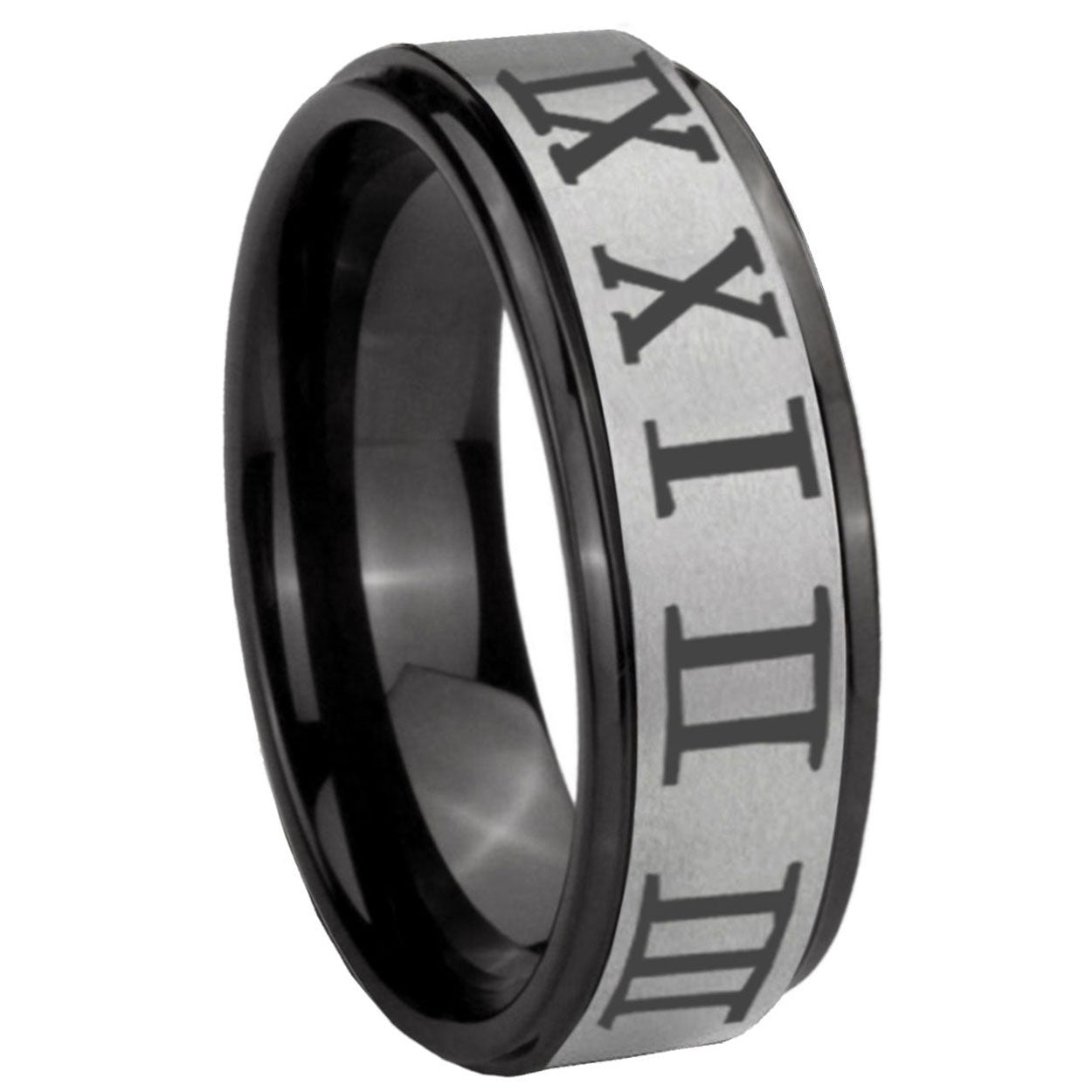 8mm Roman Numeral Black Step Edge Gray Tungsten Ring for Men