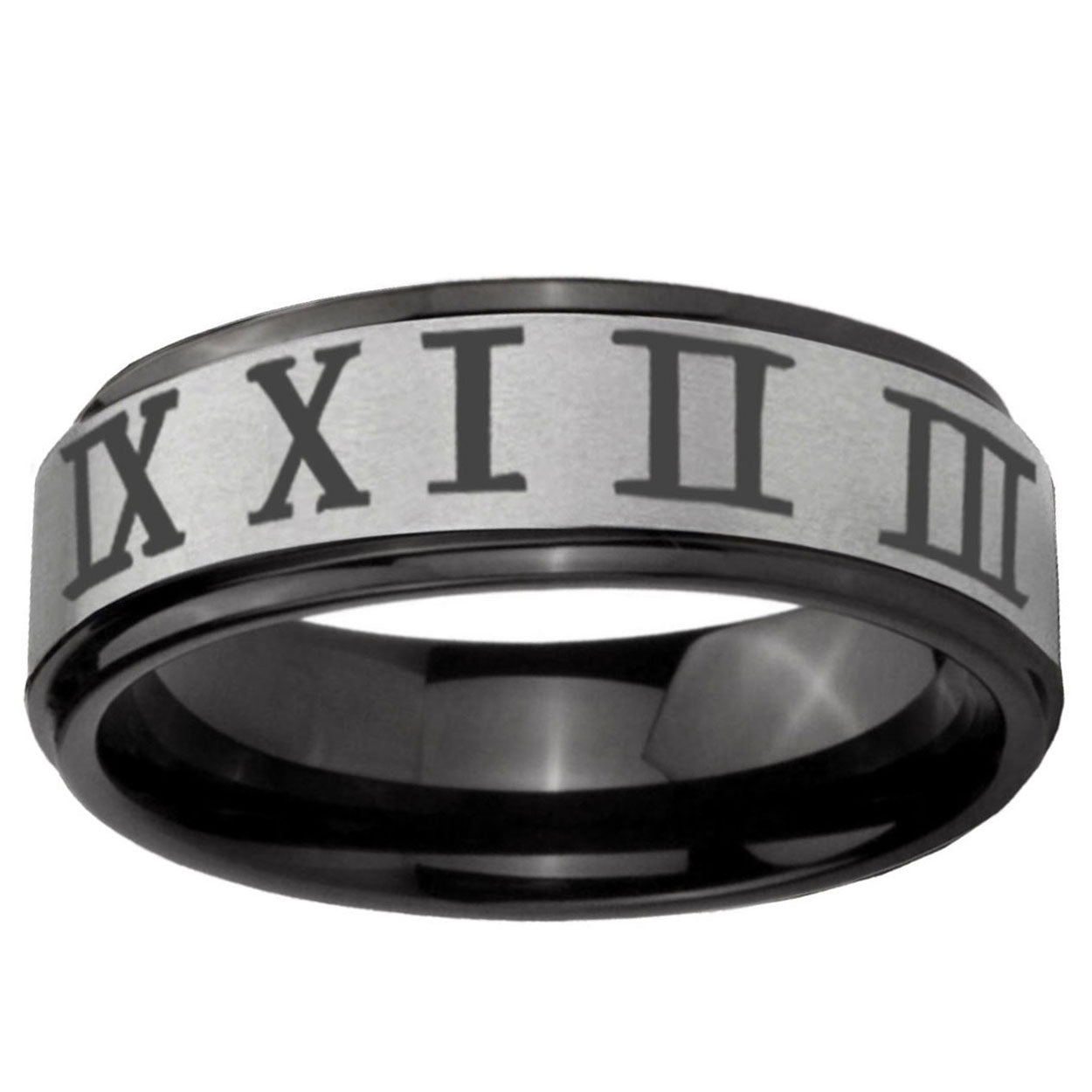 6mm Roman Numeral Black Step Edge Gray Tungsten Ring for Men