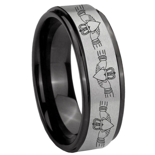 8mm Irish Claddagh Black Step Edge Gray Tungsten Ring