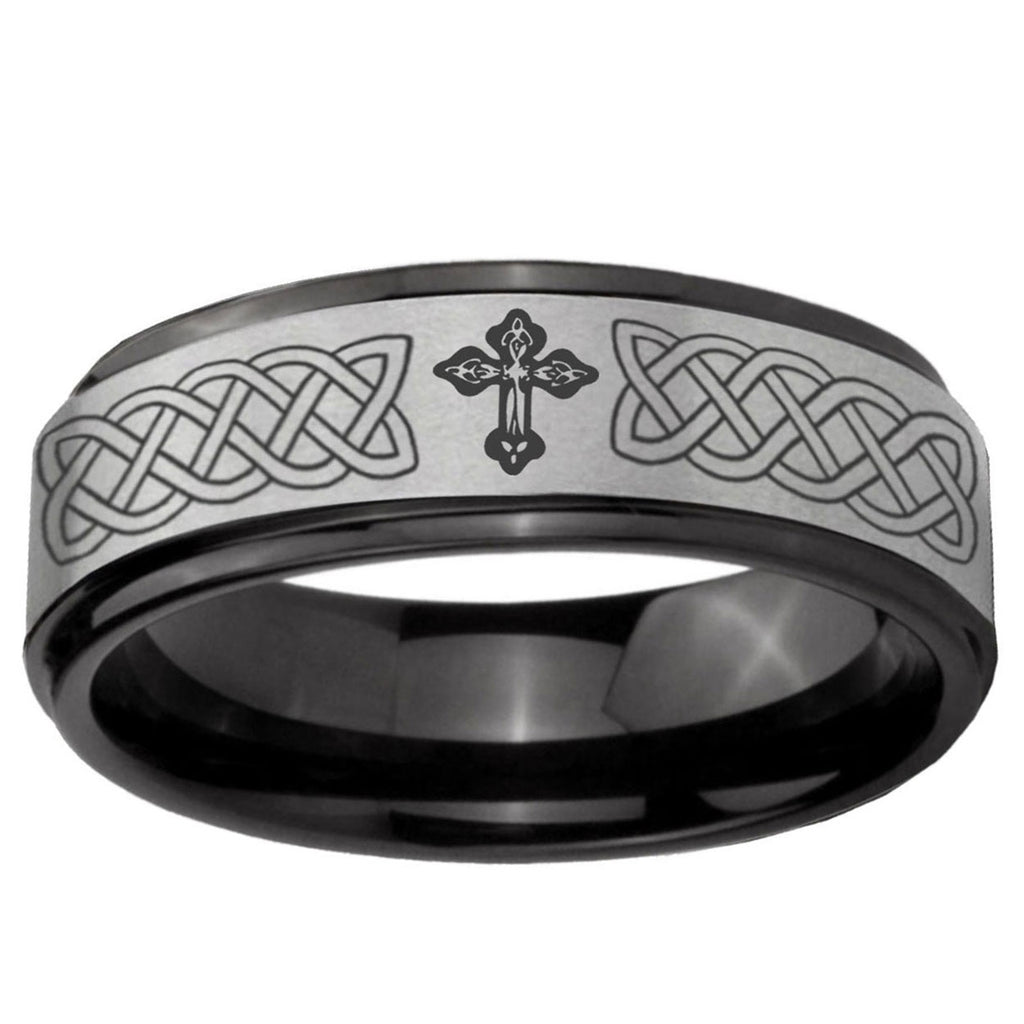 6mm Celtic Cross Black Step Edge Gray Tungsten Engraved Ring