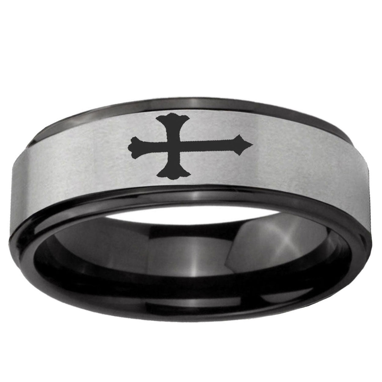6mm Christian Cross Black Step Edge Gray Tungsten Ring