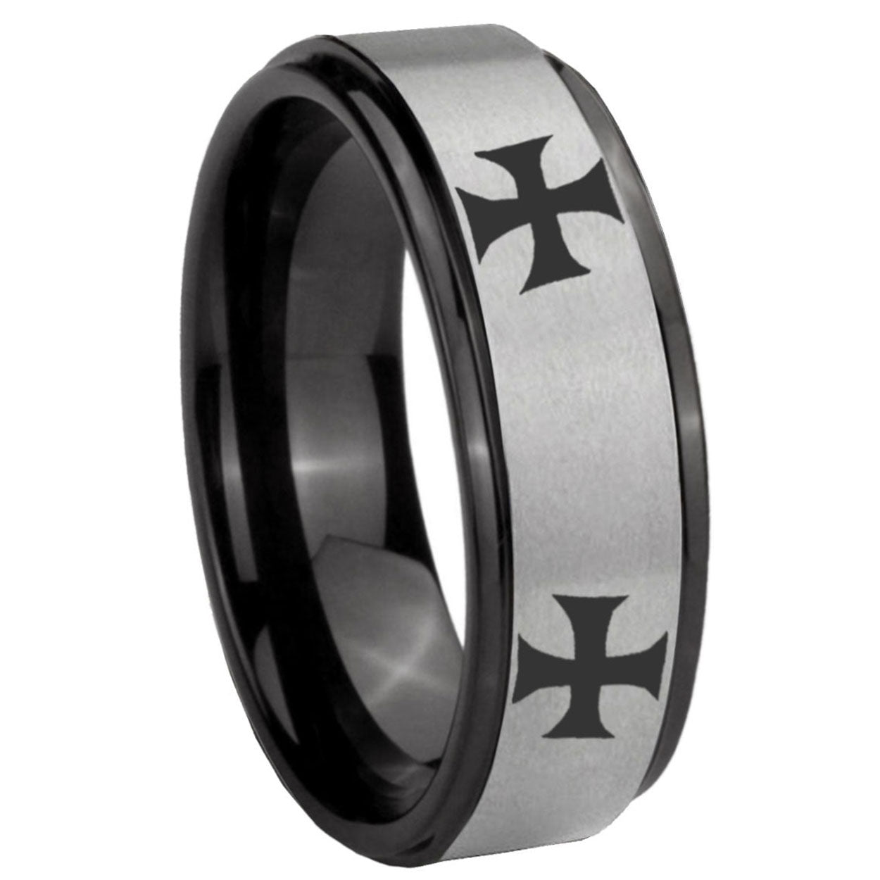 8mm 4 Maltese Cross Black Step Edge Gray Tungsten Bands Ring