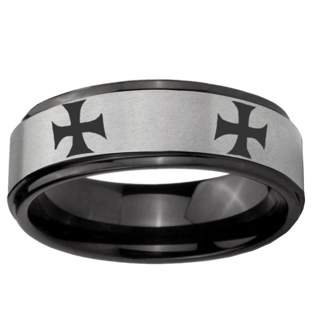 6mm 4 Maltese Cross Black Step Edge Gray Tungsten Bands Ring