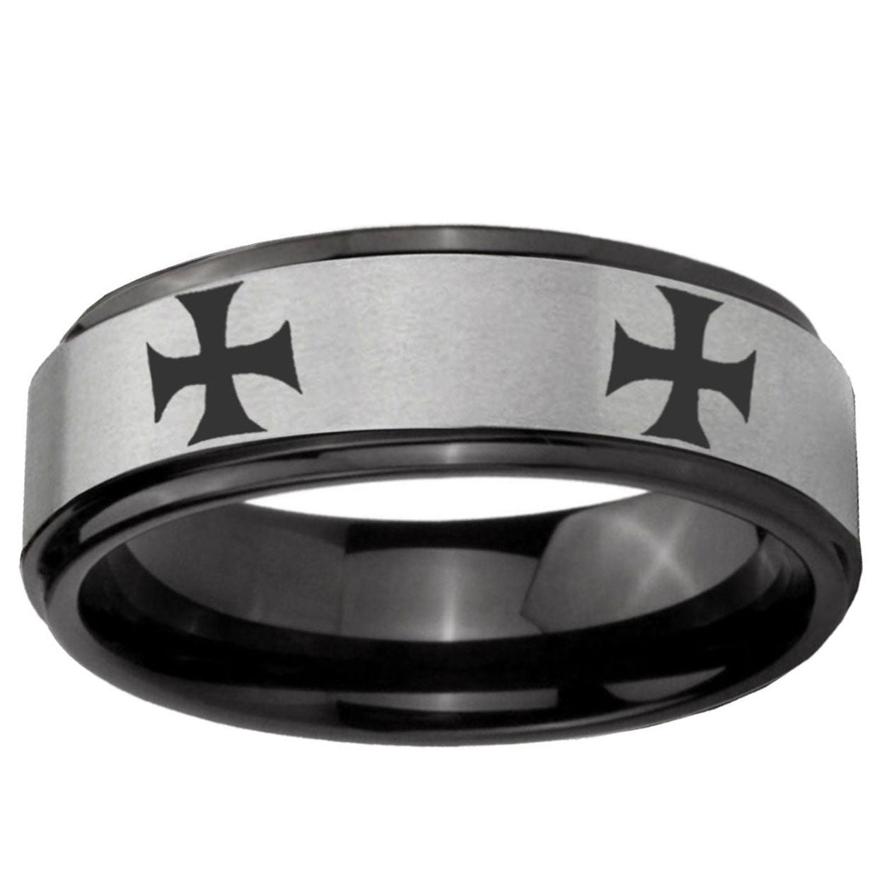 6mm 4 Maltese Cross Black Step Edge Gray Tungsten Bands Ring