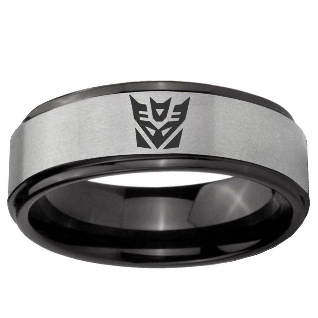 6mm Decepticon Transformers Black Step Edge Gray Tungsten Ring