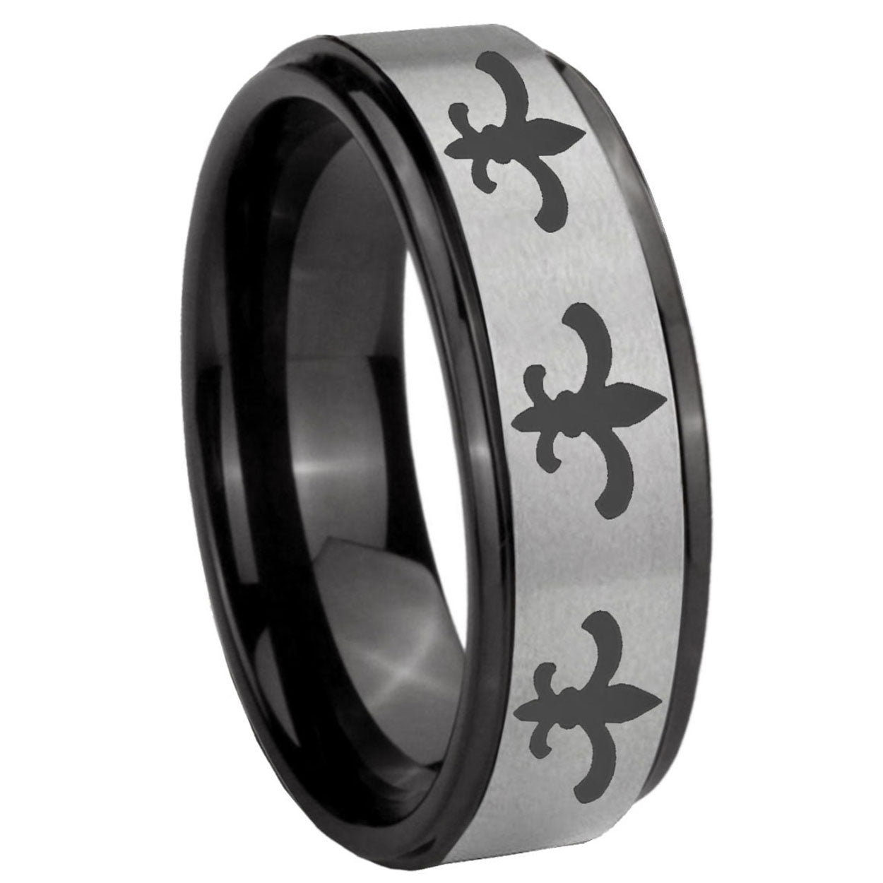 8mm Multiple Fleur-De-Lis Black Step Edge Gray Tungsten Ring