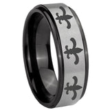 8mm Multiple Fleur-De-Lis Black Step Edge Gray Tungsten Men's Ring Personalized