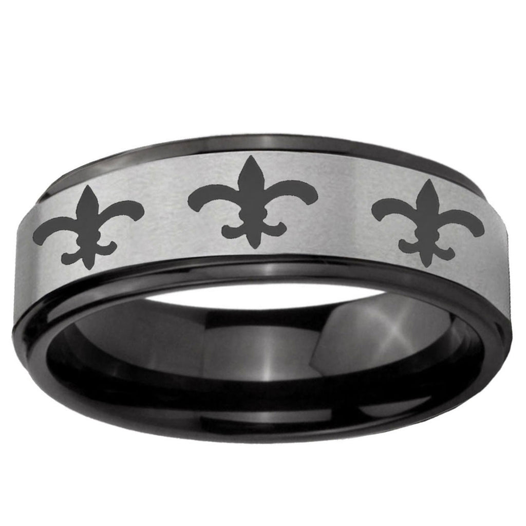 6mm Multiple Fleur-De-Lis Black Step Edge Gray Tungsten Ring