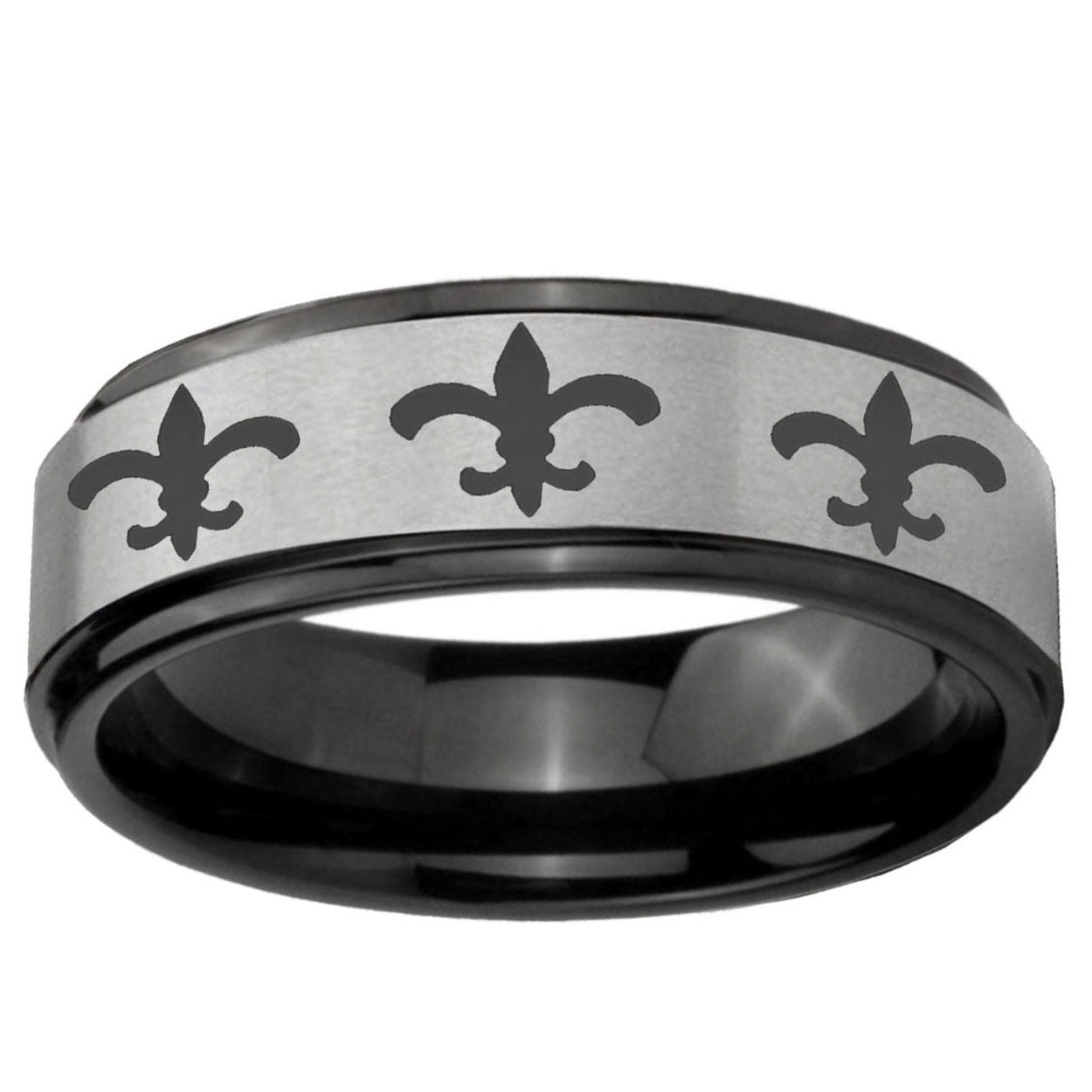 6mm Multiple Fleur-De-Lis Black Step Edge Gray Tungsten Ring