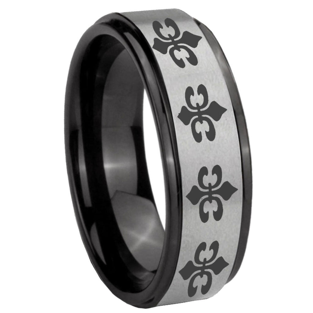 8mm Multiple Fleur-De-Lis Black Step Edge Gray Tungsten Ring