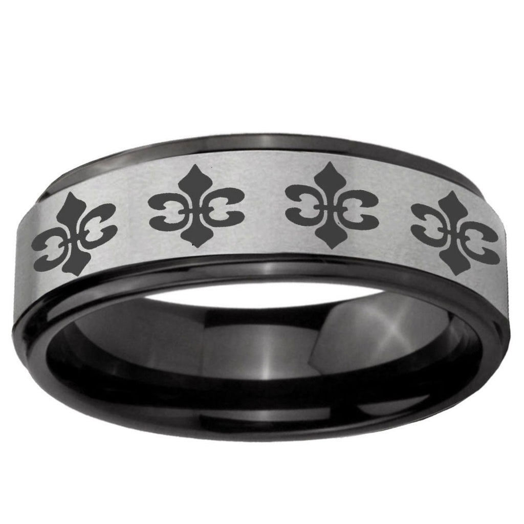 6mm Multiple Fleur-De-Lis Black Step Edge Gray Tungsten Ring