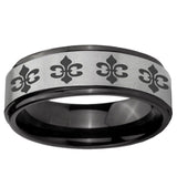 6mm Multiple Fleur-De-Lis Black Step Edge Gray Tungsten Men's Band Ring