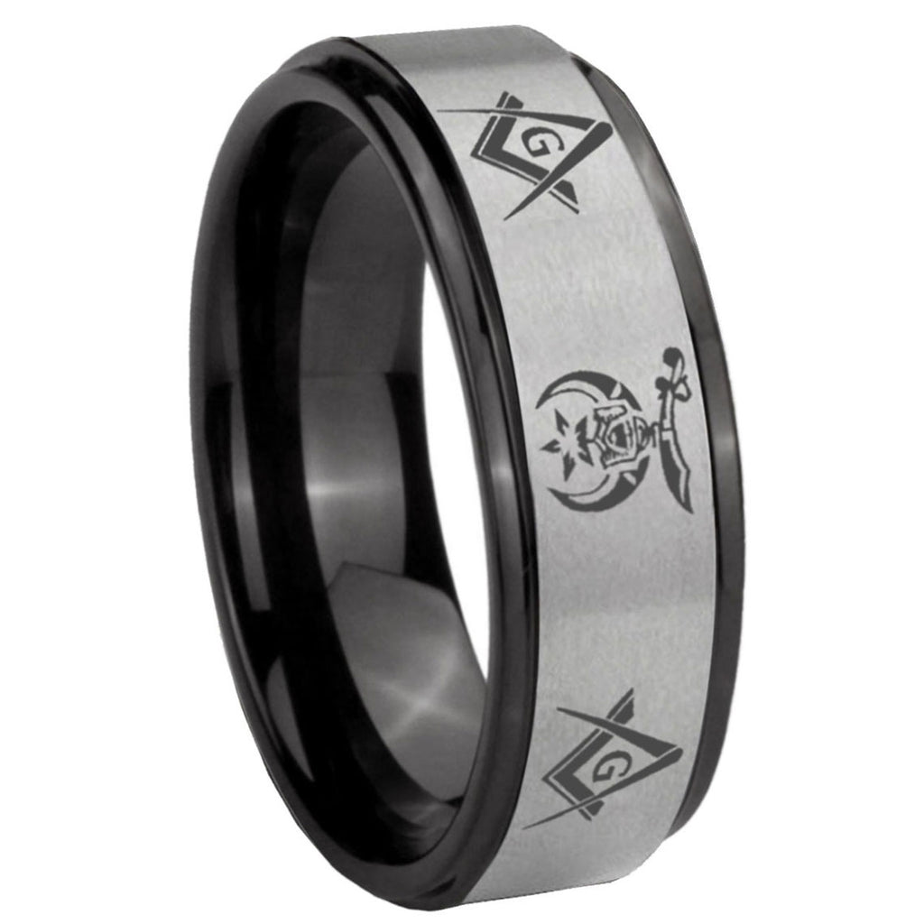 8mm Masonic Shriners Black Step Edge Gray Tungsten Men Bands