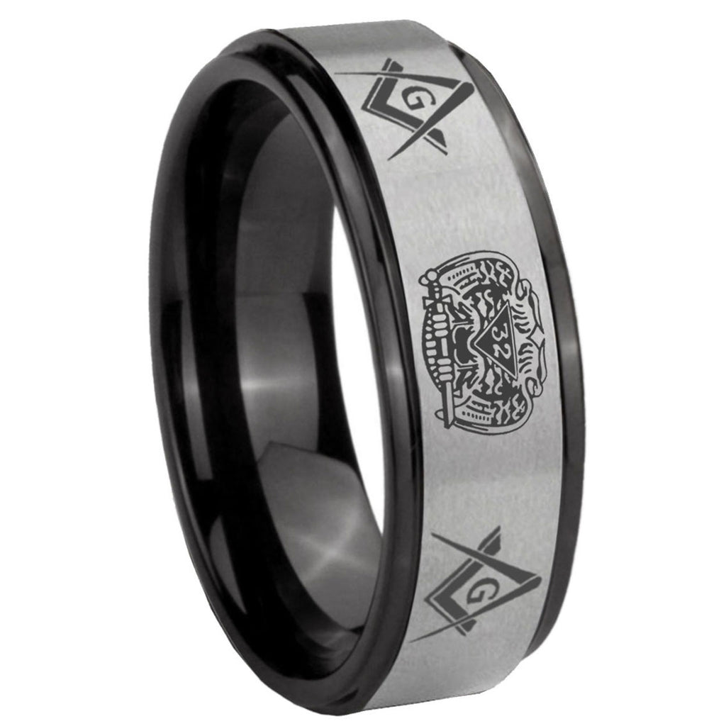 8mm Masonic 32 Design Black Step Edge Gray Tungsten Ring