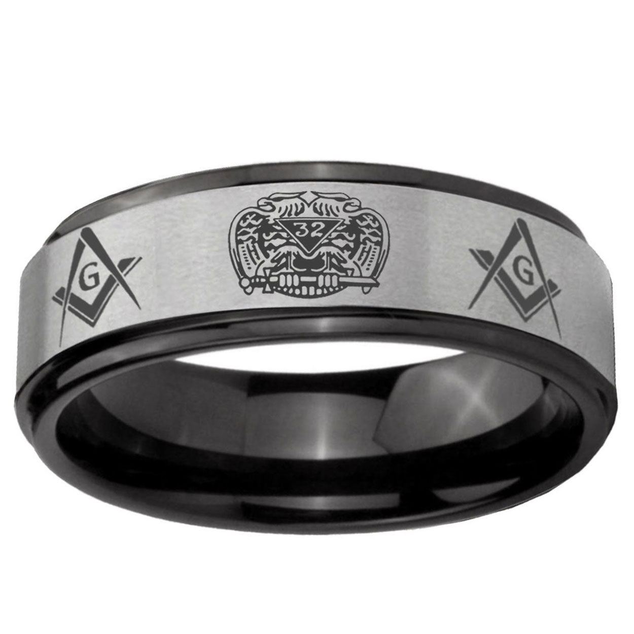 6mm Masonic 32 Design Black Step Edge Gray Tungsten Ring