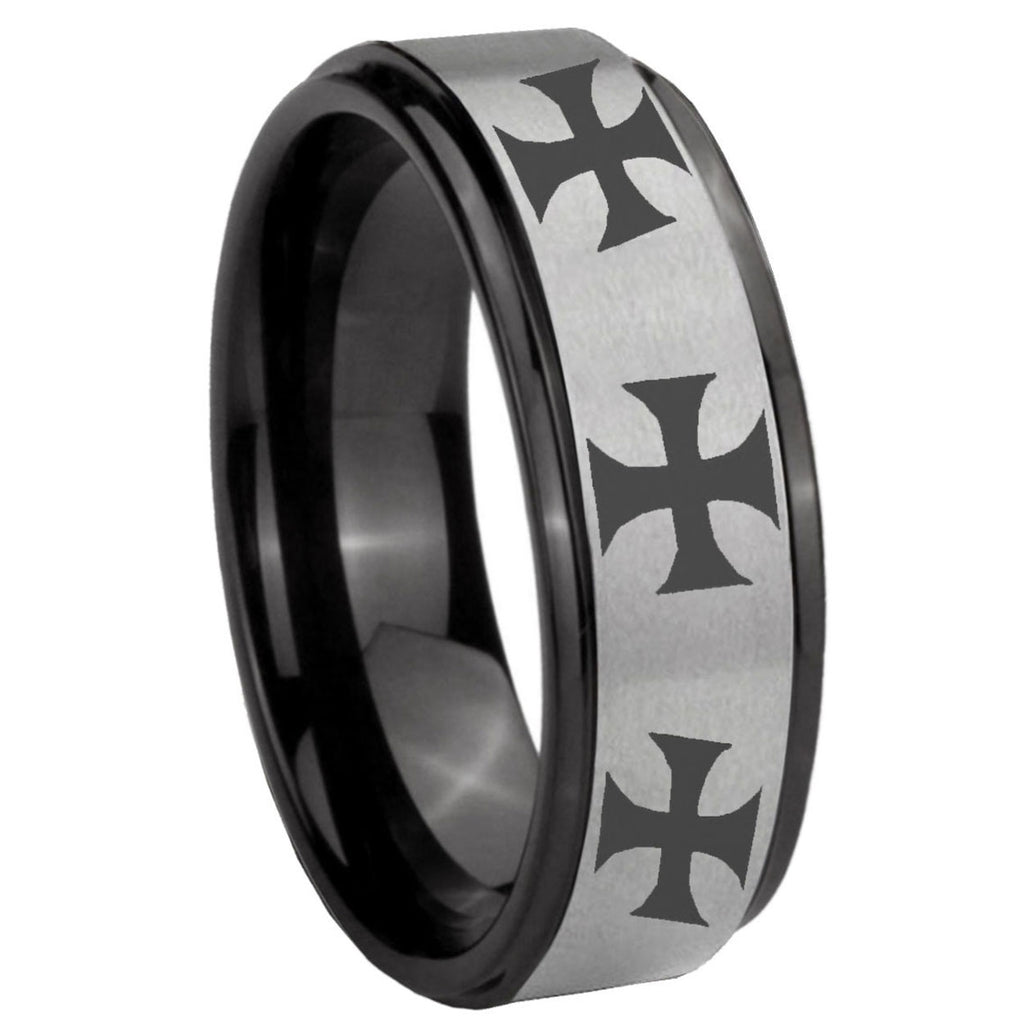 8mm Multiple Maltese Cross Black Step Edge Gray Tungsten Ring