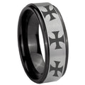 8mm Multiple Maltese Cross Black Step Edge Gray Tungsten Ring