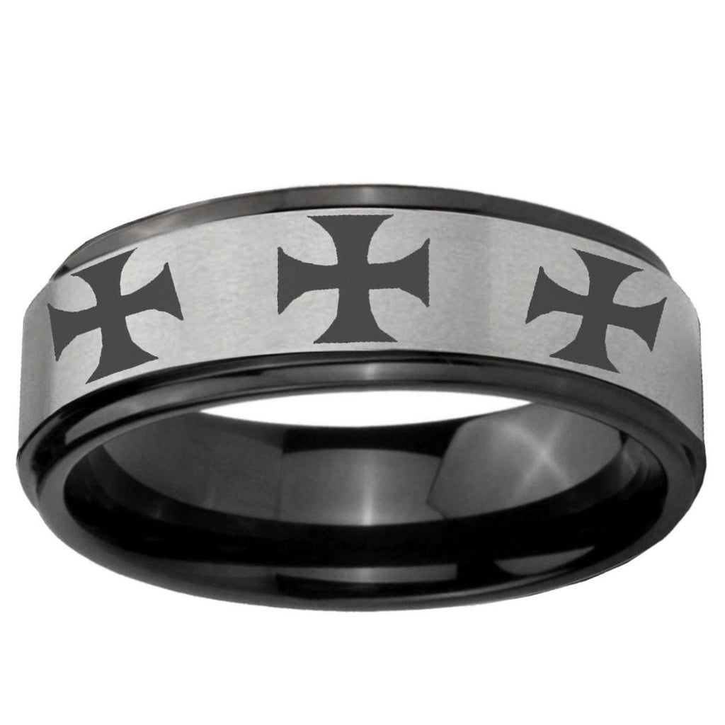 6mm Multiple Maltese Cross Black Step Edge Gray Tungsten Ring