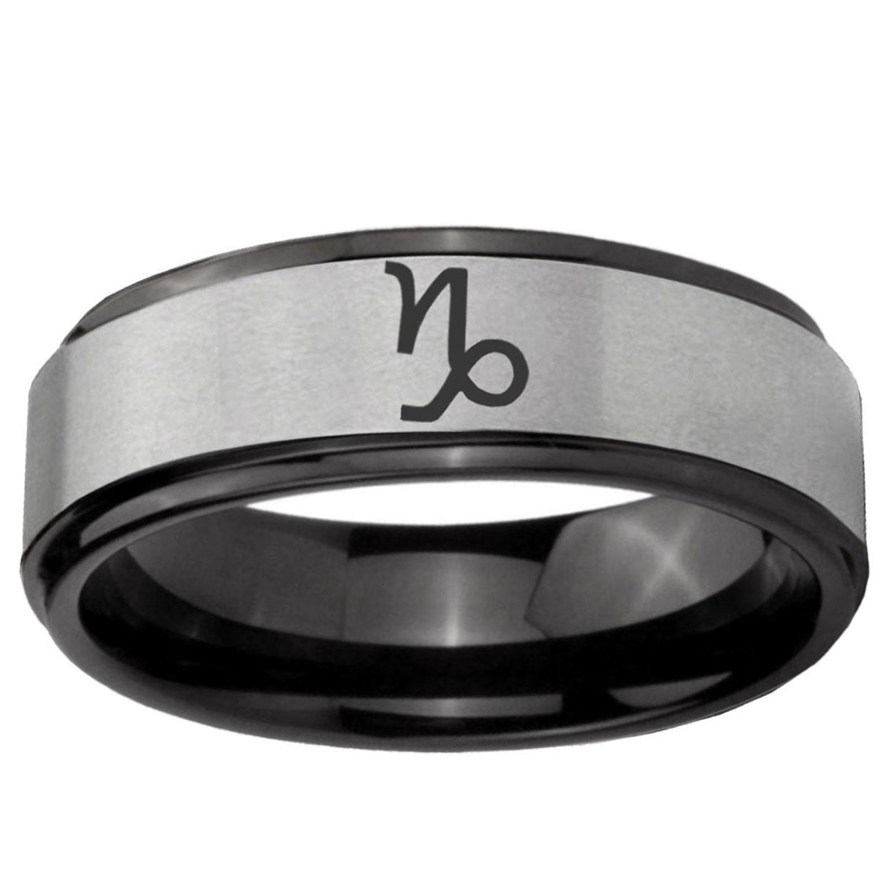 6mm Capricorn Zodiac Black Step Edge Gray Tungsten Ring
