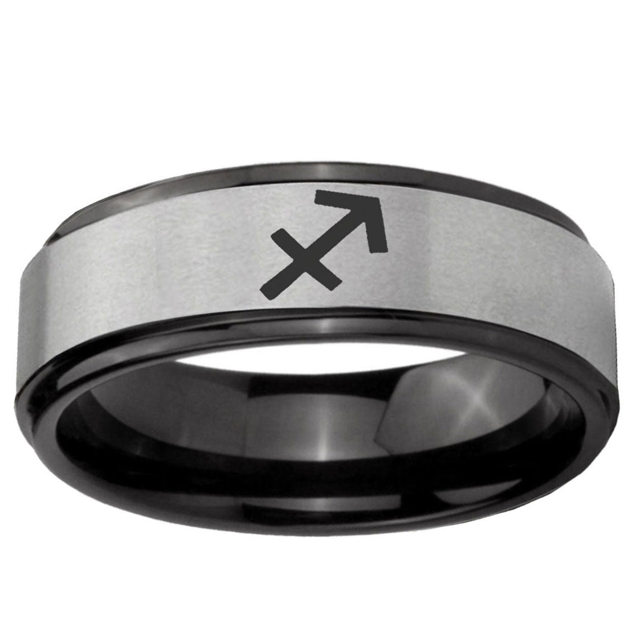 6mm Sagittarius Zodiac Black Step Edge Gray Tungsten Ring