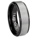 8mm I Love You Black Step Edge Gray Tungsten Mens Ring