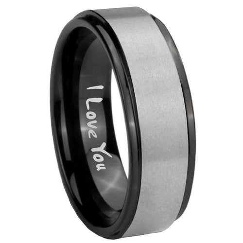 8mm I Love You Black Step Edge Gray Tungsten Mens Ring