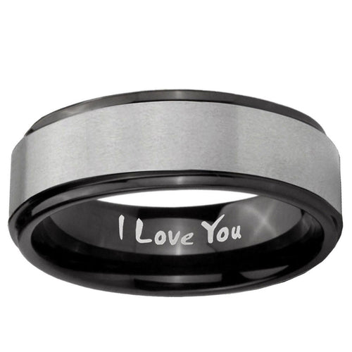 6mm I Love You Black Step Edge Gray Tungsten Mens Ring