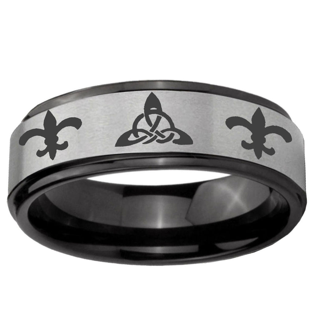 6mm Celtic Triangle Fleur-De-Lis Black Step Edge Gray Tungsten Ring