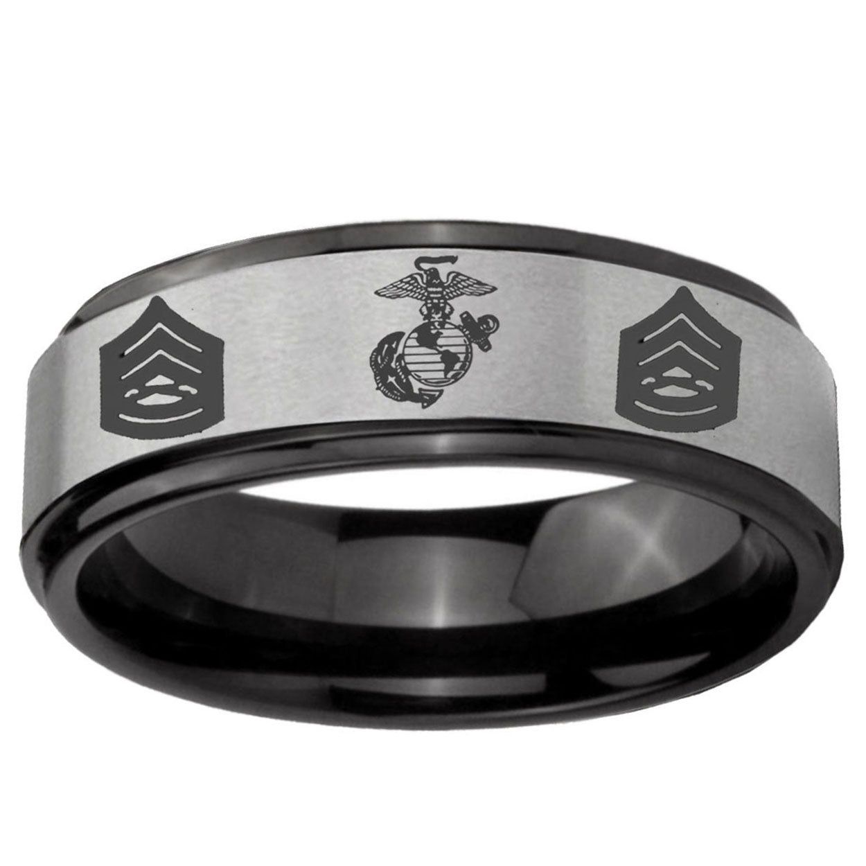 6mm Marine Army Sergeant Black Step Edge Gray Tungsten Band