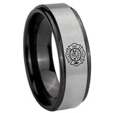 8mm Fire Department Black Step Edge Gray Tungsten Carbide Rings for Men