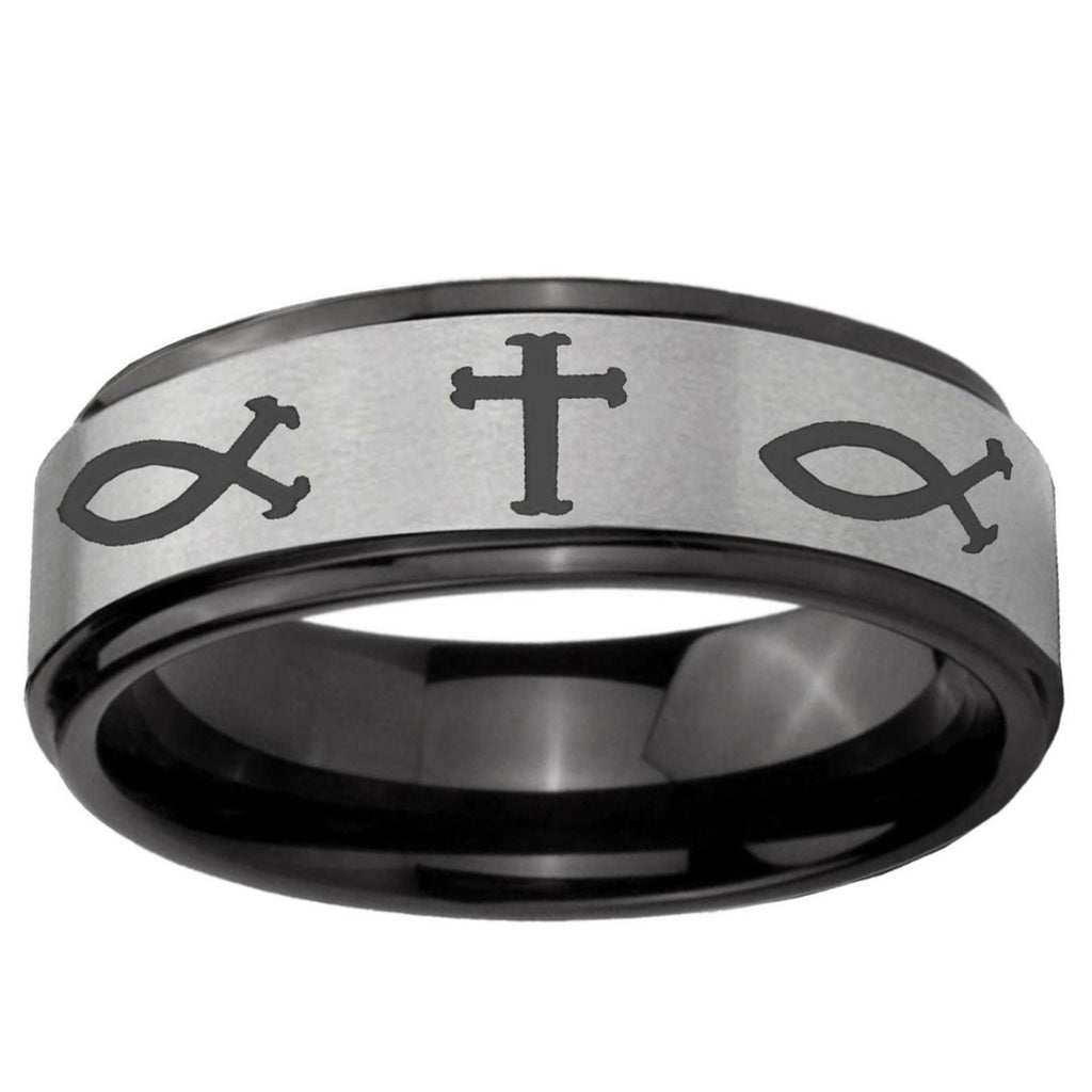 6mm Fish & Cross Black Step Edge Gray Tungsten Wedding Band