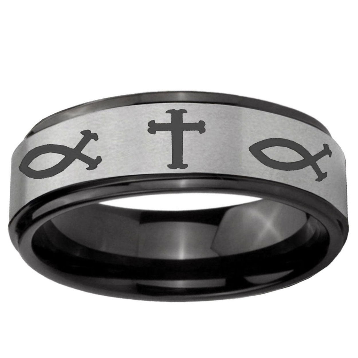 6mm Fish & Cross Black Step Edge Gray Tungsten Wedding Band