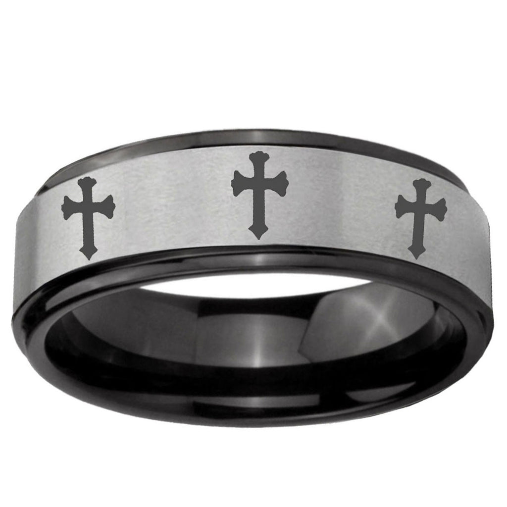 6mm Multiple Christian Cross Black Step Edge Gray Tungsten Ring