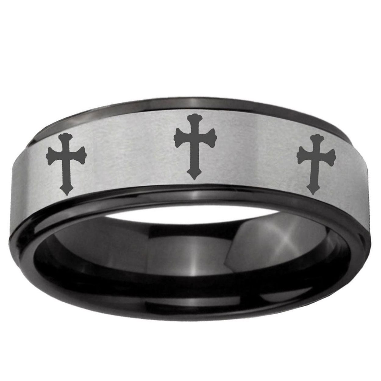 6mm Multiple Christian Cross Black Step Edge Gray Tungsten Ring