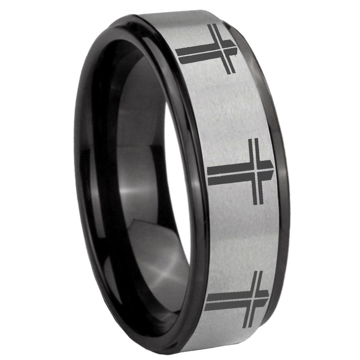 8mm Multiple Christian Cross Black Step Edge Gray Tungsten Ring