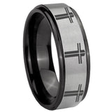 8mm Multiple Christian Cross Black Step Edge Gray Tungsten Men's Band Ring