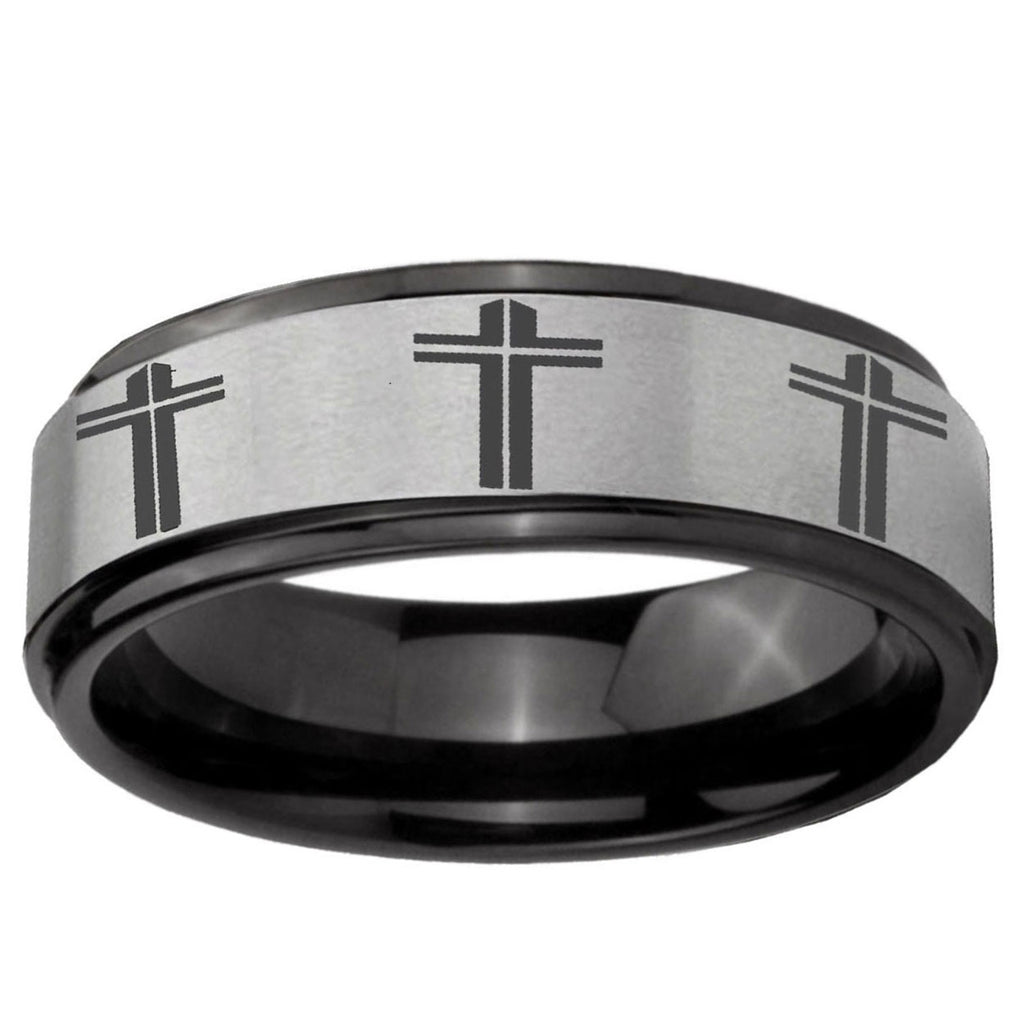 6mm Multiple Christian Cross Black Step Edge Gray Tungsten Ring